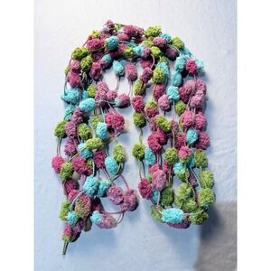 Boho Pom Pom Garland Scarf Purple Teal Green Chunky Yarn Tassel Multi Strand